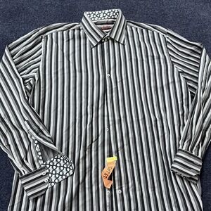 Robert Graham Shirt Mens Large Black Gray White Striped Long Sleeve Button Up